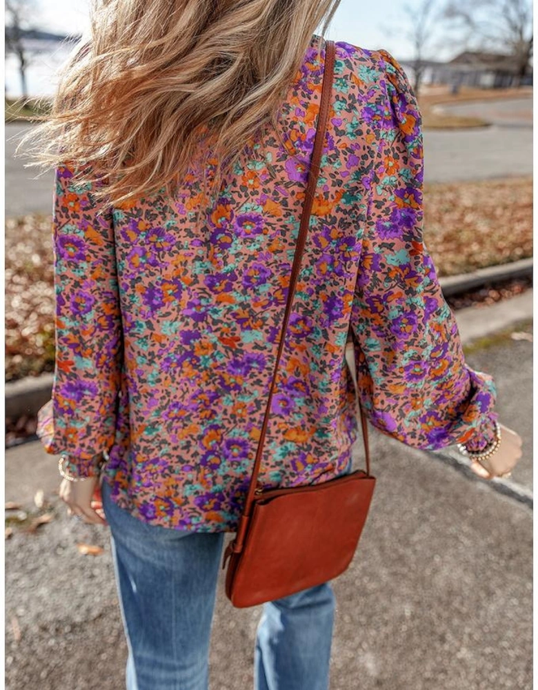 Purple Floral Allover Print Shirred Cuff Frilled O Neck Blouse