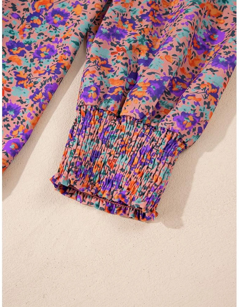Purple Floral Allover Print Shirred Cuff Frilled O Neck Blouse