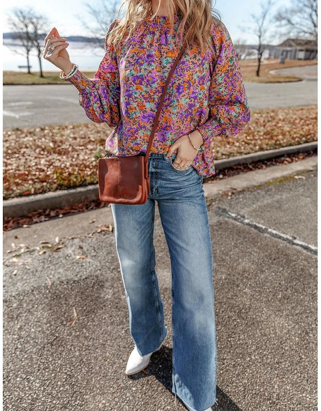 Purple Floral Allover Print Shirred Cuff Frilled O Neck Blouse