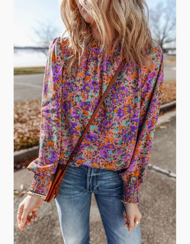 Purple Floral Allover Print Shirred Cuff Frilled O Neck Blouse