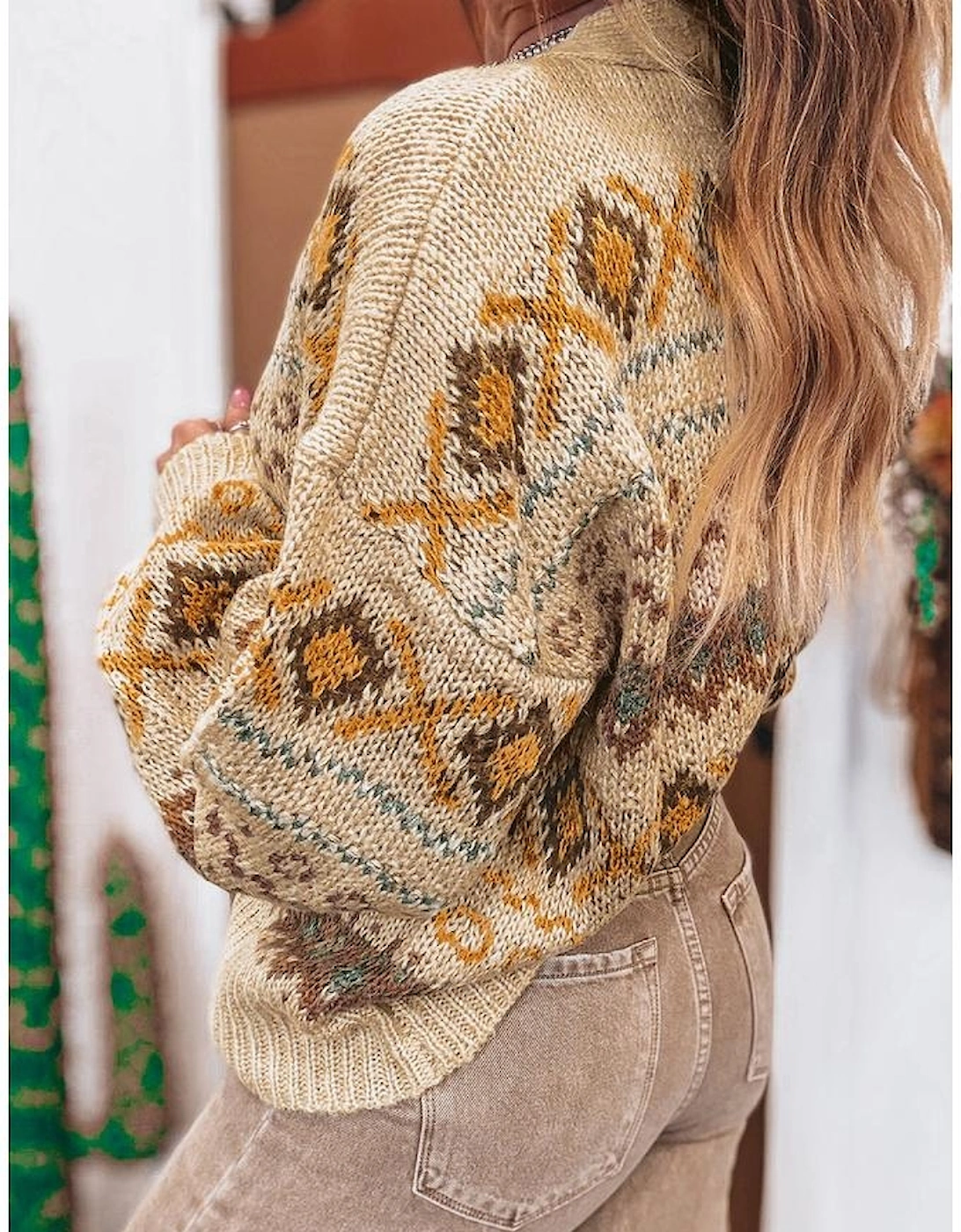 Khaki Western Pattern Knitted Button V Neck Cardigan Sweater, 4 of 3