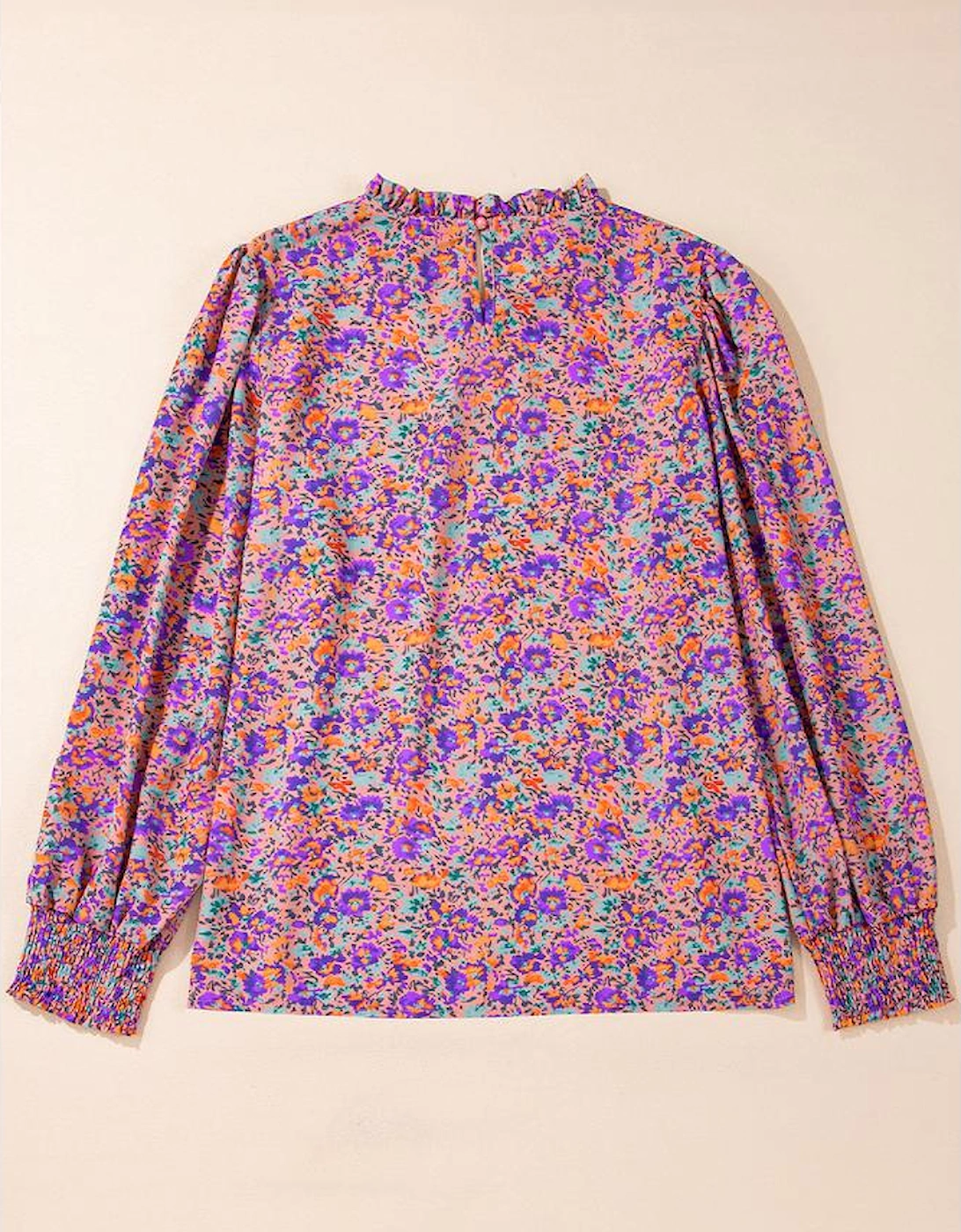 Purple Floral Allover Print Shirred Cuff Frilled O Neck Blouse