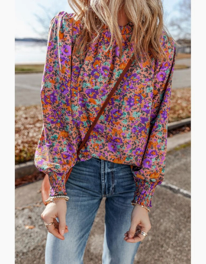 Purple Floral Allover Print Shirred Cuff Frilled O Neck Blouse