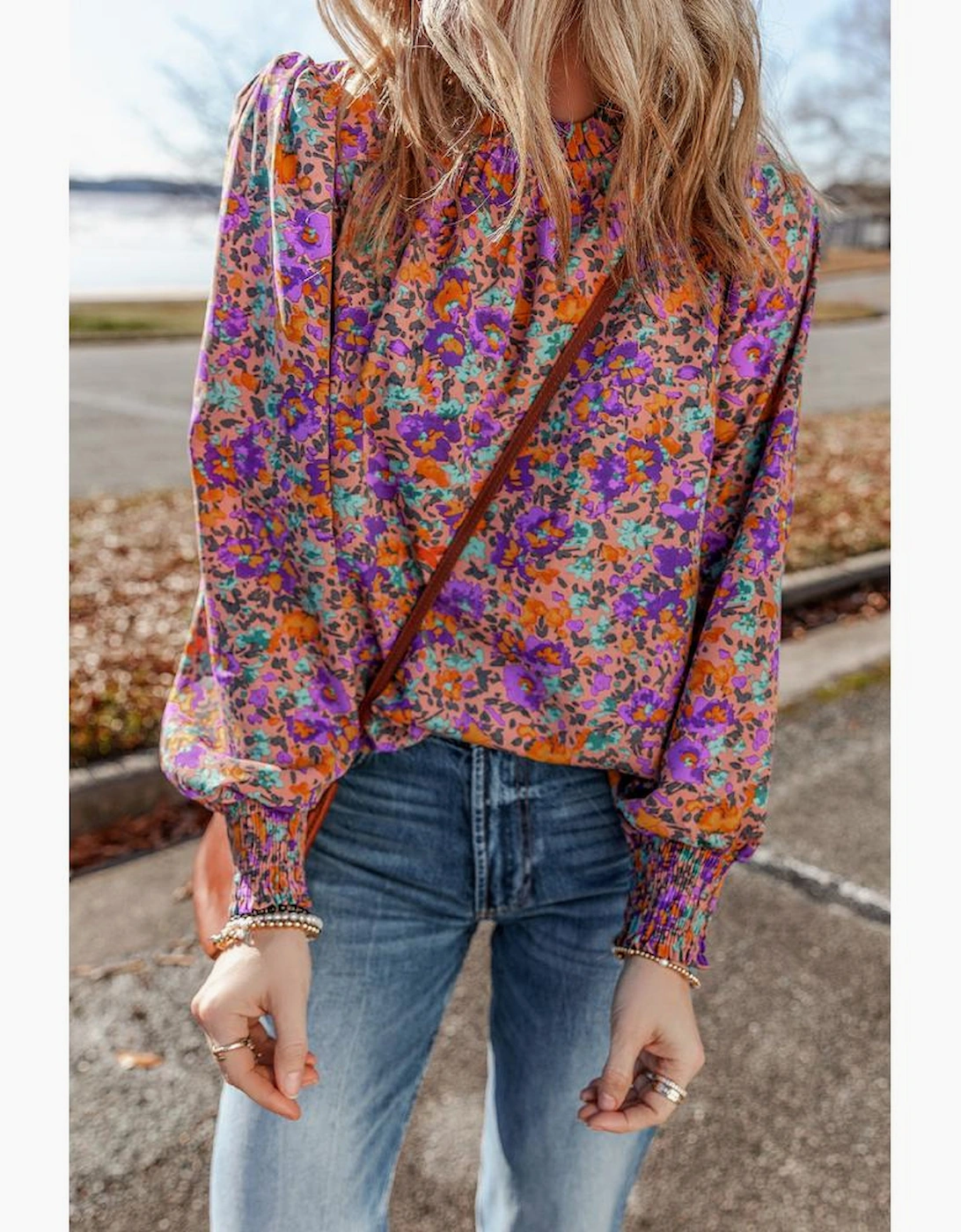 Purple Floral Allover Print Shirred Cuff Frilled O Neck Blouse