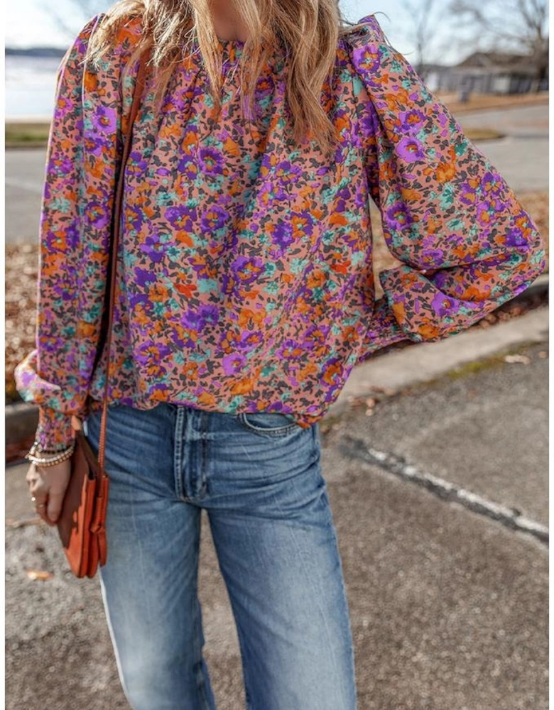 Purple Floral Allover Print Shirred Cuff Frilled O Neck Blouse