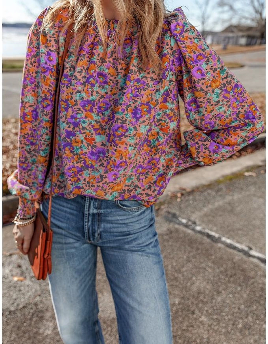 Purple Floral Allover Print Shirred Cuff Frilled O Neck Blouse