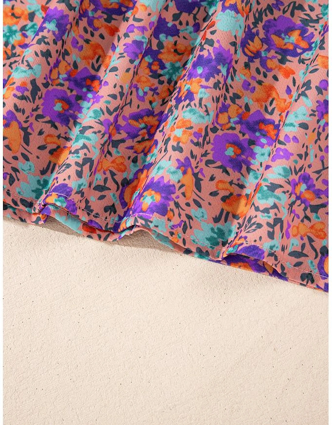 Purple Floral Allover Print Shirred Cuff Frilled O Neck Blouse