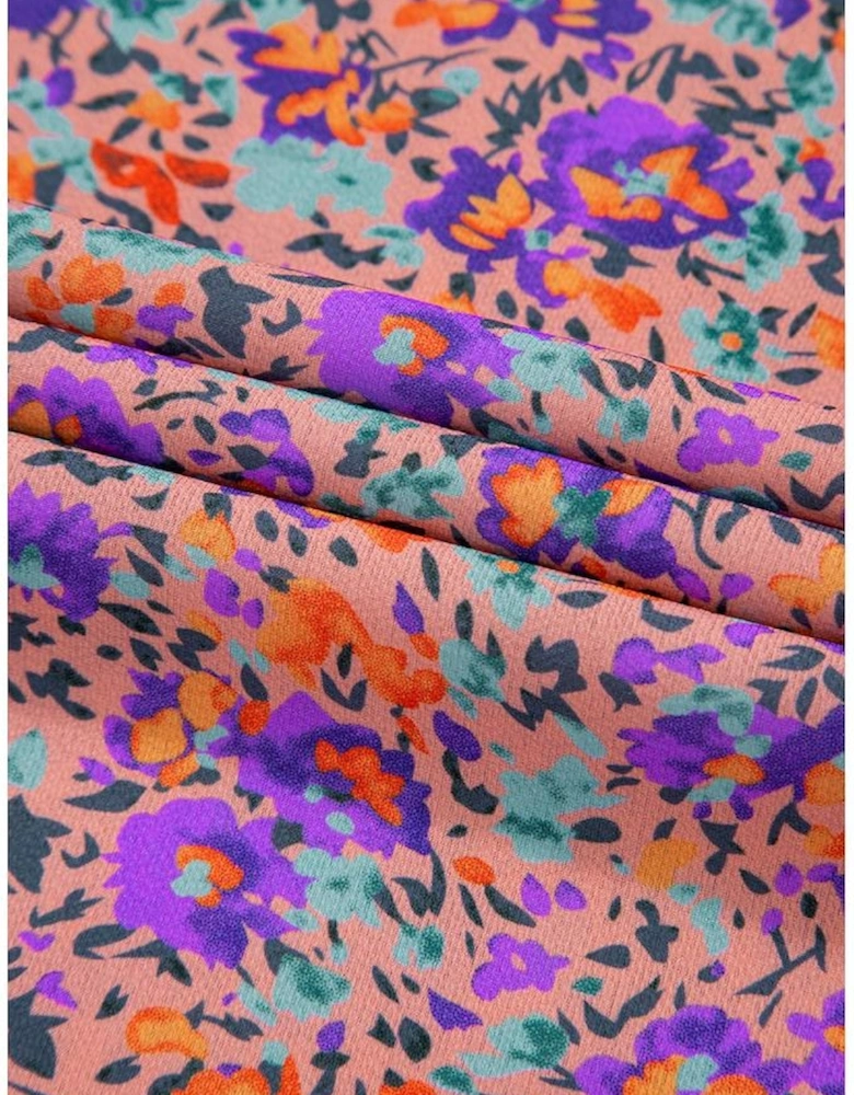 Purple Floral Allover Print Shirred Cuff Frilled O Neck Blouse