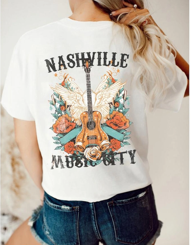 White NASHVILLE MUSIC CITY Guitar Wings Graphic Tee