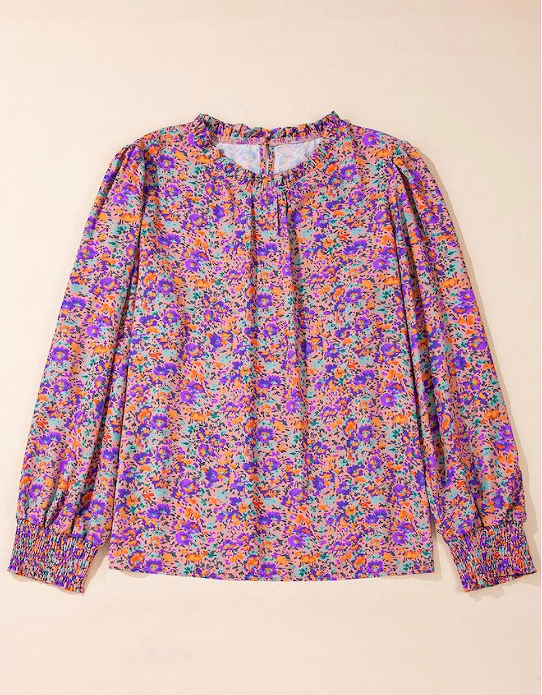 Purple Floral Allover Print Shirred Cuff Frilled O Neck Blouse