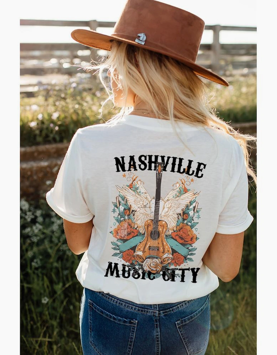 White NASHVILLE MUSIC CITY Guitar Wings Graphic Tee