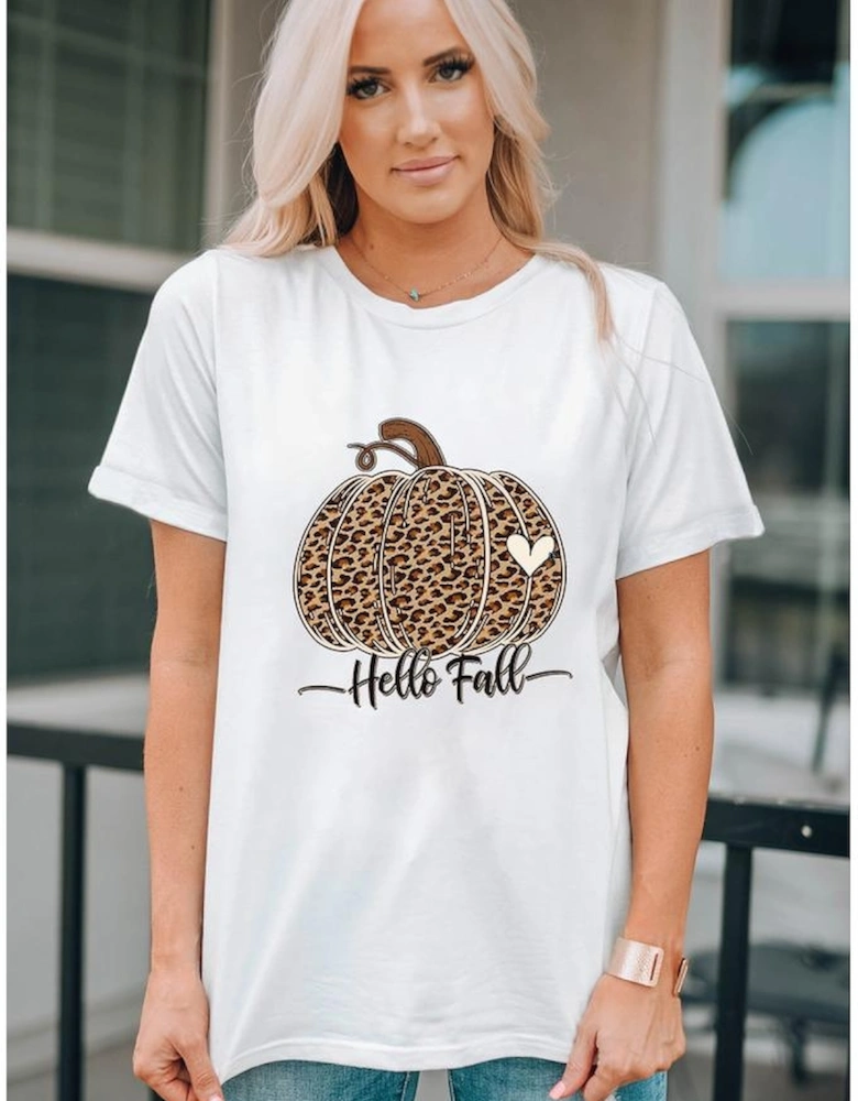White Hello Fall Leopard Pumpkin Graphic T Shirt