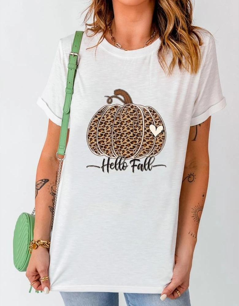 White Hello Fall Leopard Pumpkin Graphic T Shirt