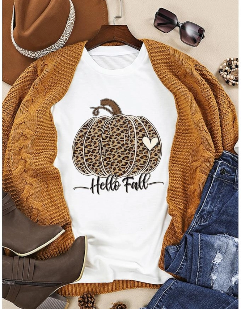 White Hello Fall Leopard Pumpkin Graphic T Shirt