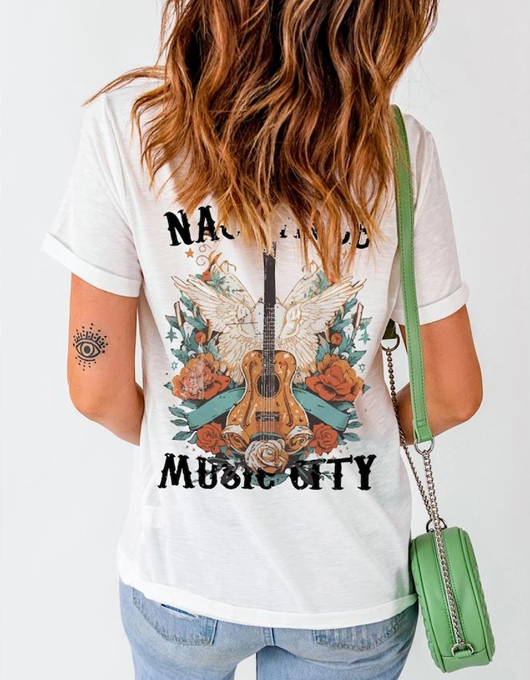 White NASHVILLE MUSIC CITY Guitar Wings Graphic Tee