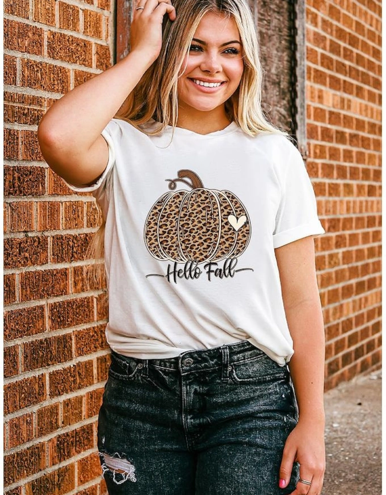 White Hello Fall Leopard Pumpkin Graphic T Shirt