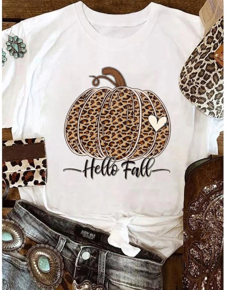 White Hello Fall Leopard Pumpkin Graphic T Shirt