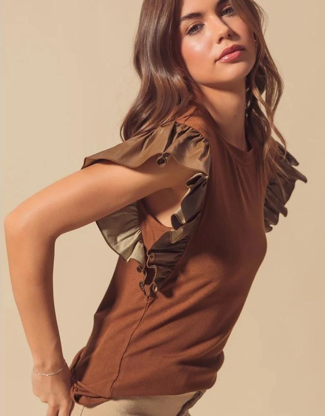 Cinnamon Leather Ruffle Sleeve Patchwork Round Neck Blouse