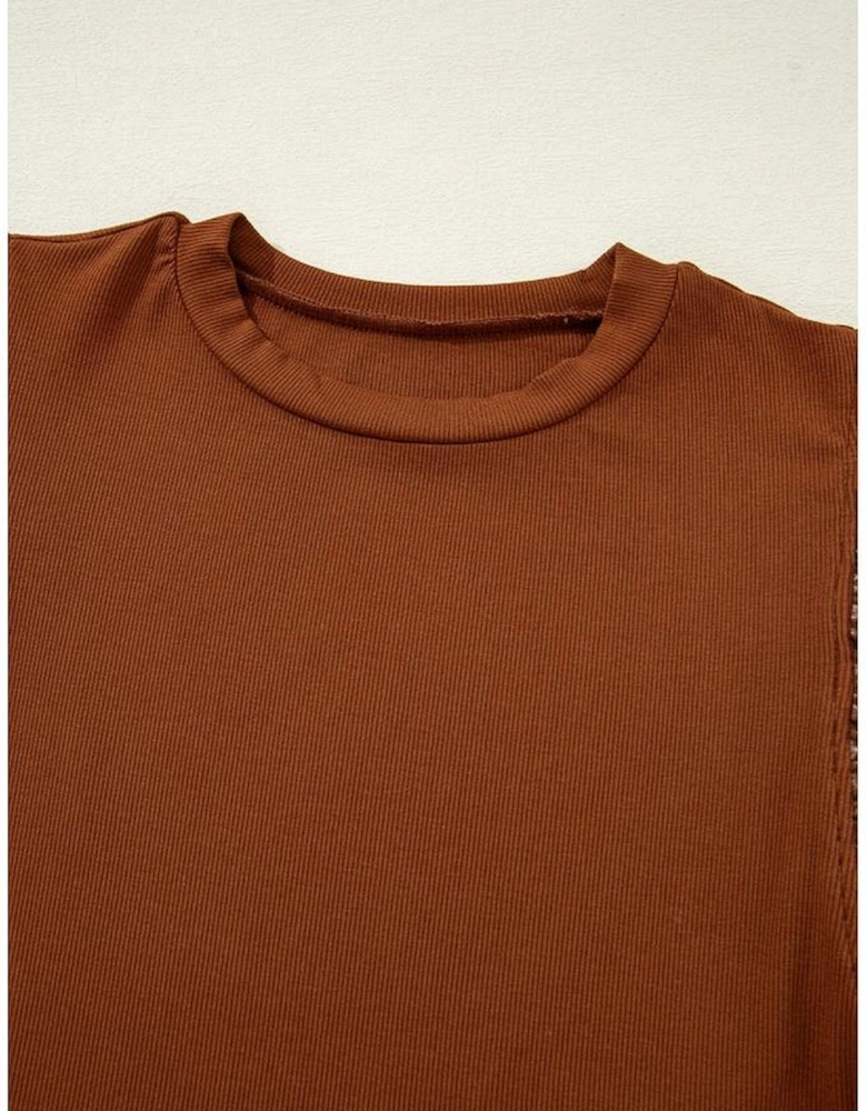 Cinnamon Leather Ruffle Sleeve Patchwork Round Neck Blouse