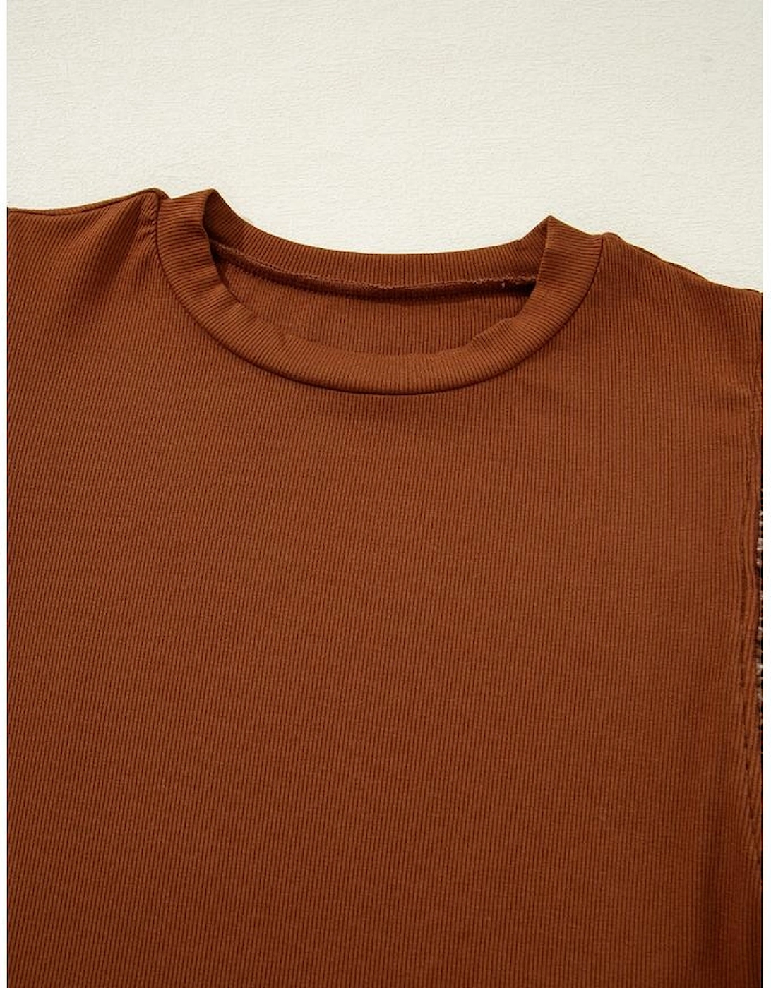 Cinnamon Leather Ruffle Sleeve Patchwork Round Neck Blouse