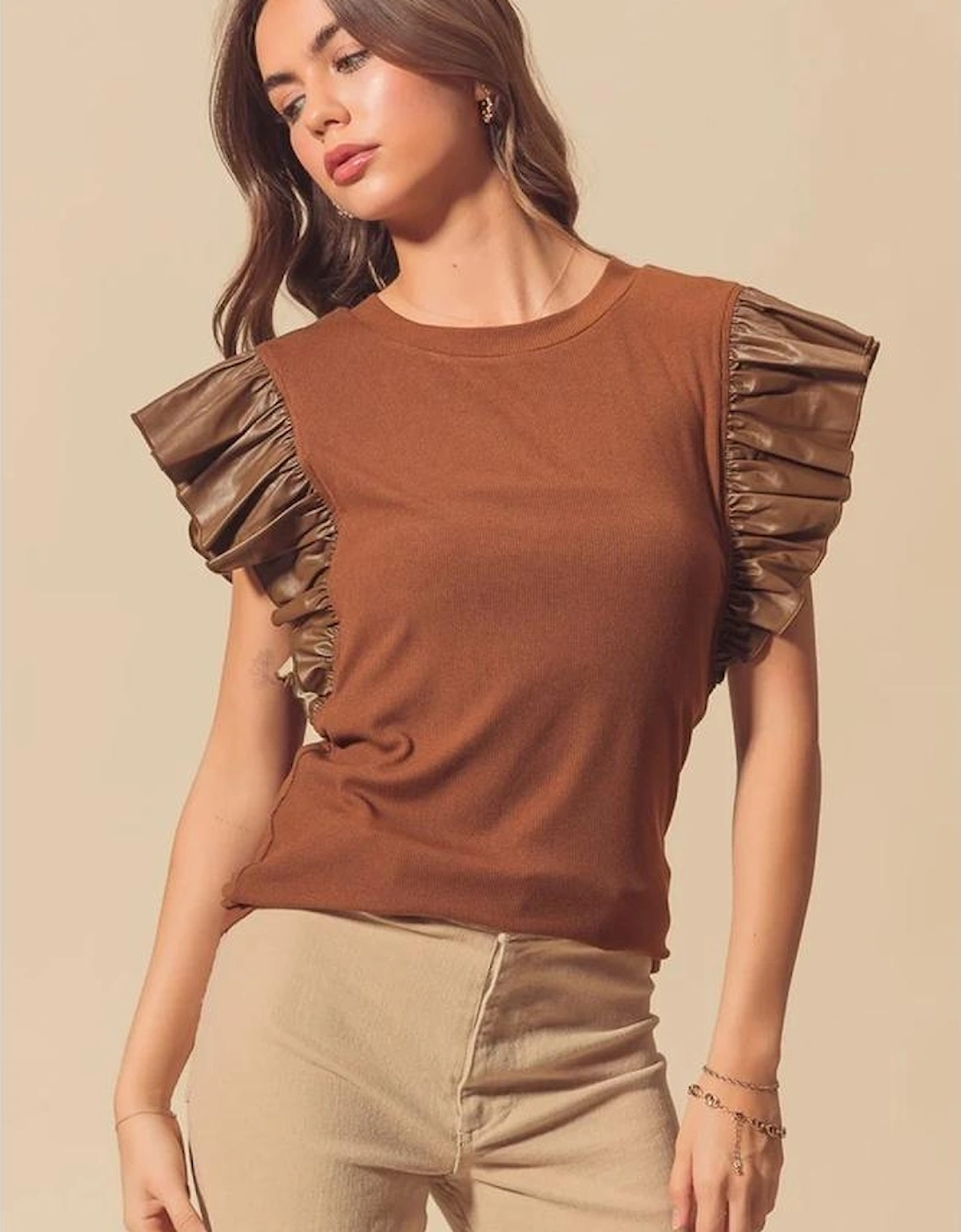 Cinnamon Leather Ruffle Sleeve Patchwork Round Neck Blouse, 13 of 12