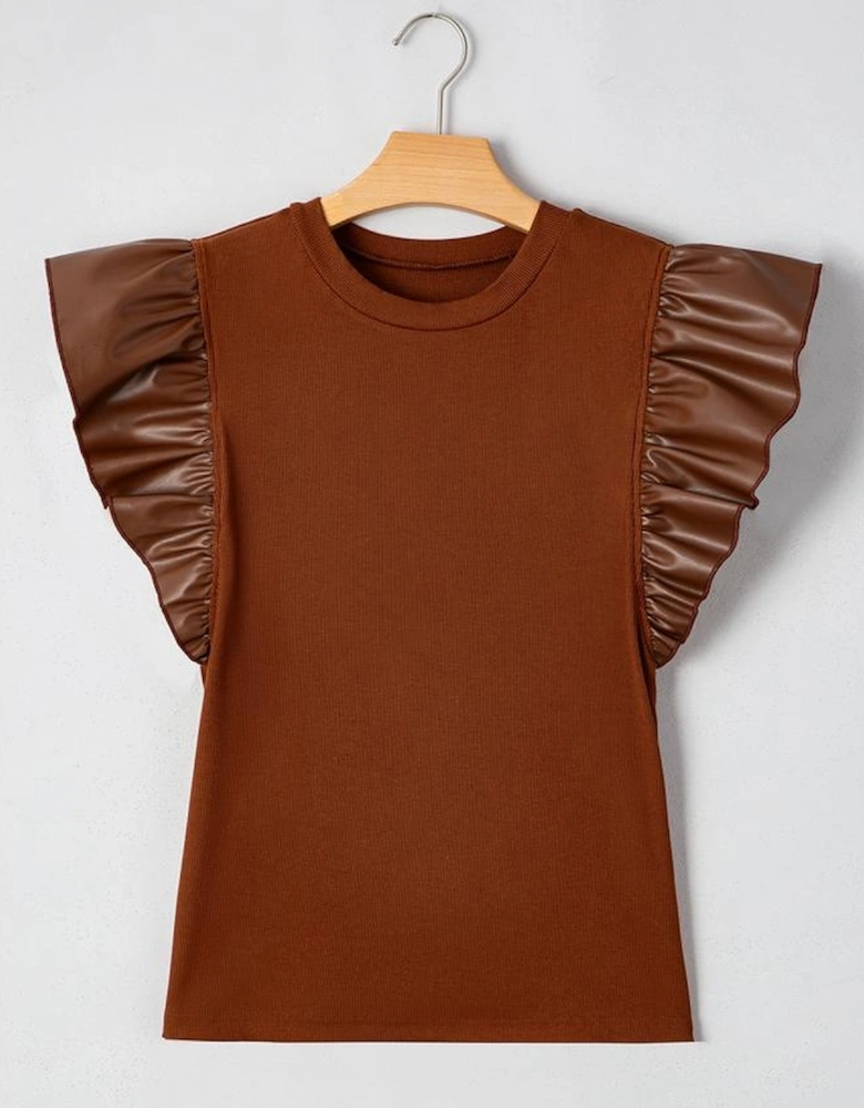 Cinnamon Leather Ruffle Sleeve Patchwork Round Neck Blouse