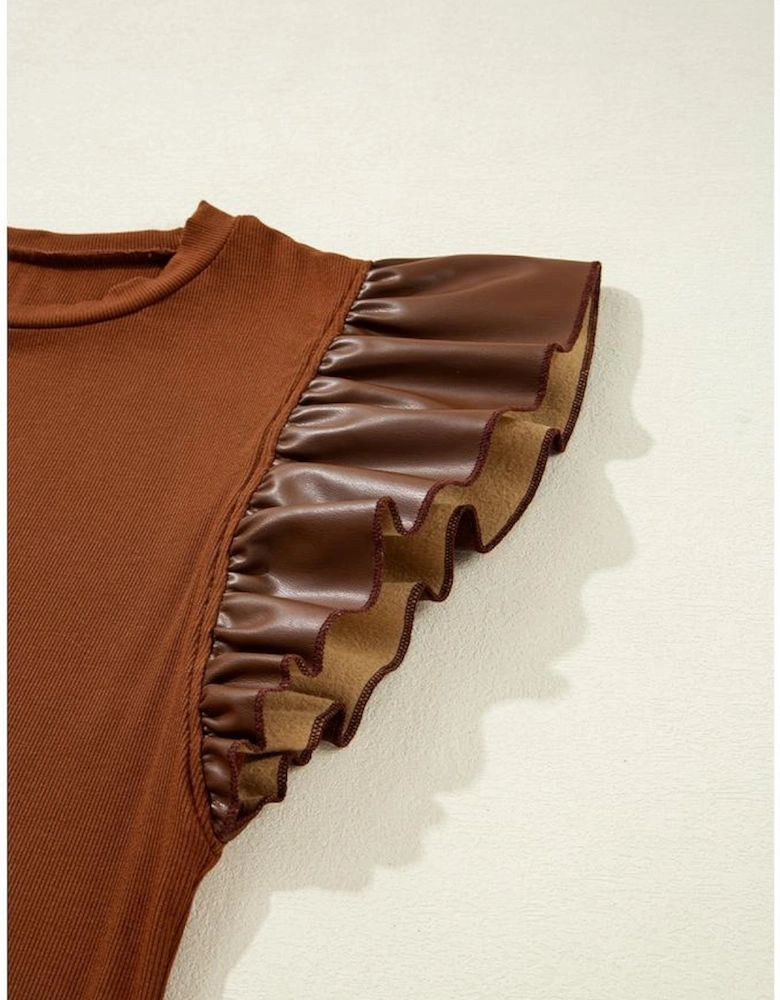 Cinnamon Leather Ruffle Sleeve Patchwork Round Neck Blouse