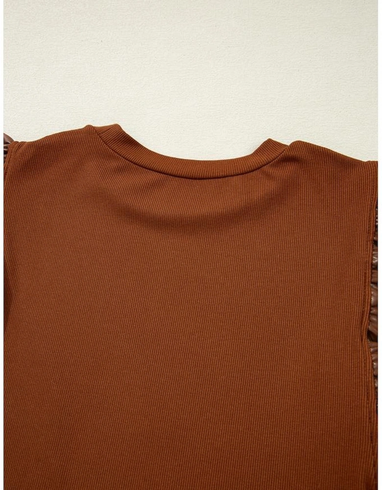 Cinnamon Leather Ruffle Sleeve Patchwork Round Neck Blouse