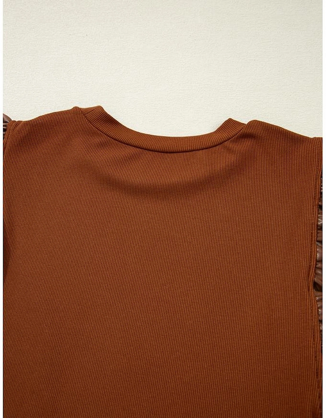 Cinnamon Leather Ruffle Sleeve Patchwork Round Neck Blouse