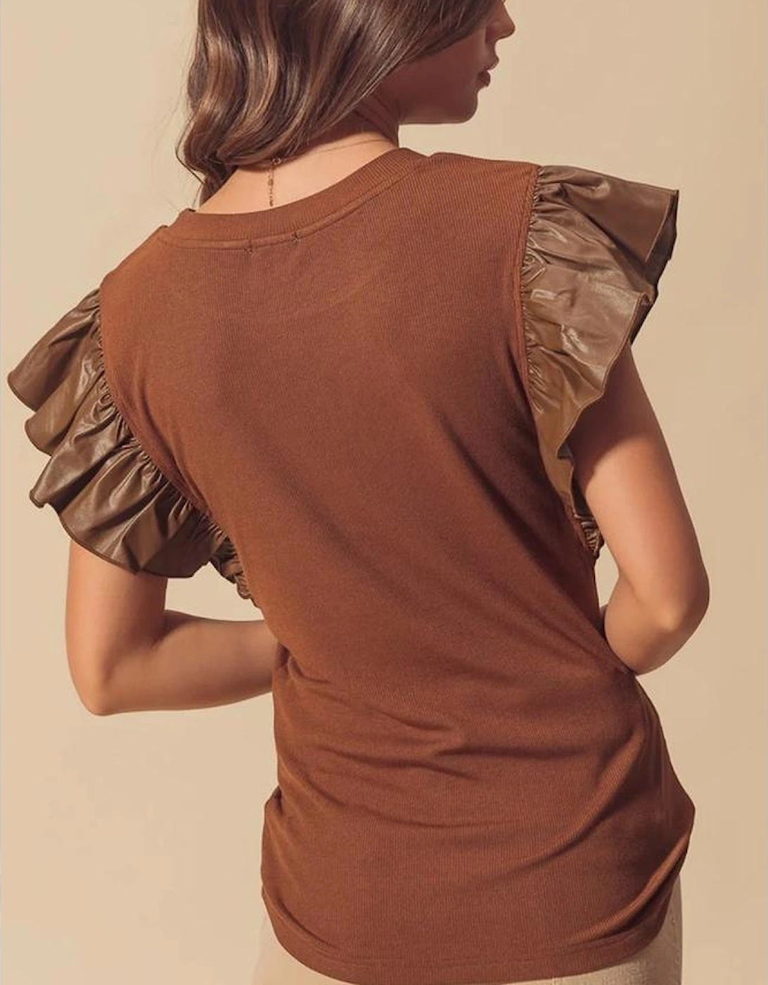 Cinnamon Leather Ruffle Sleeve Patchwork Round Neck Blouse