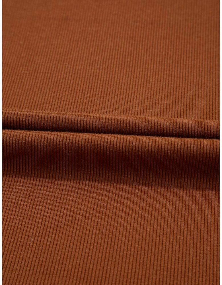 Cinnamon Leather Ruffle Sleeve Patchwork Round Neck Blouse