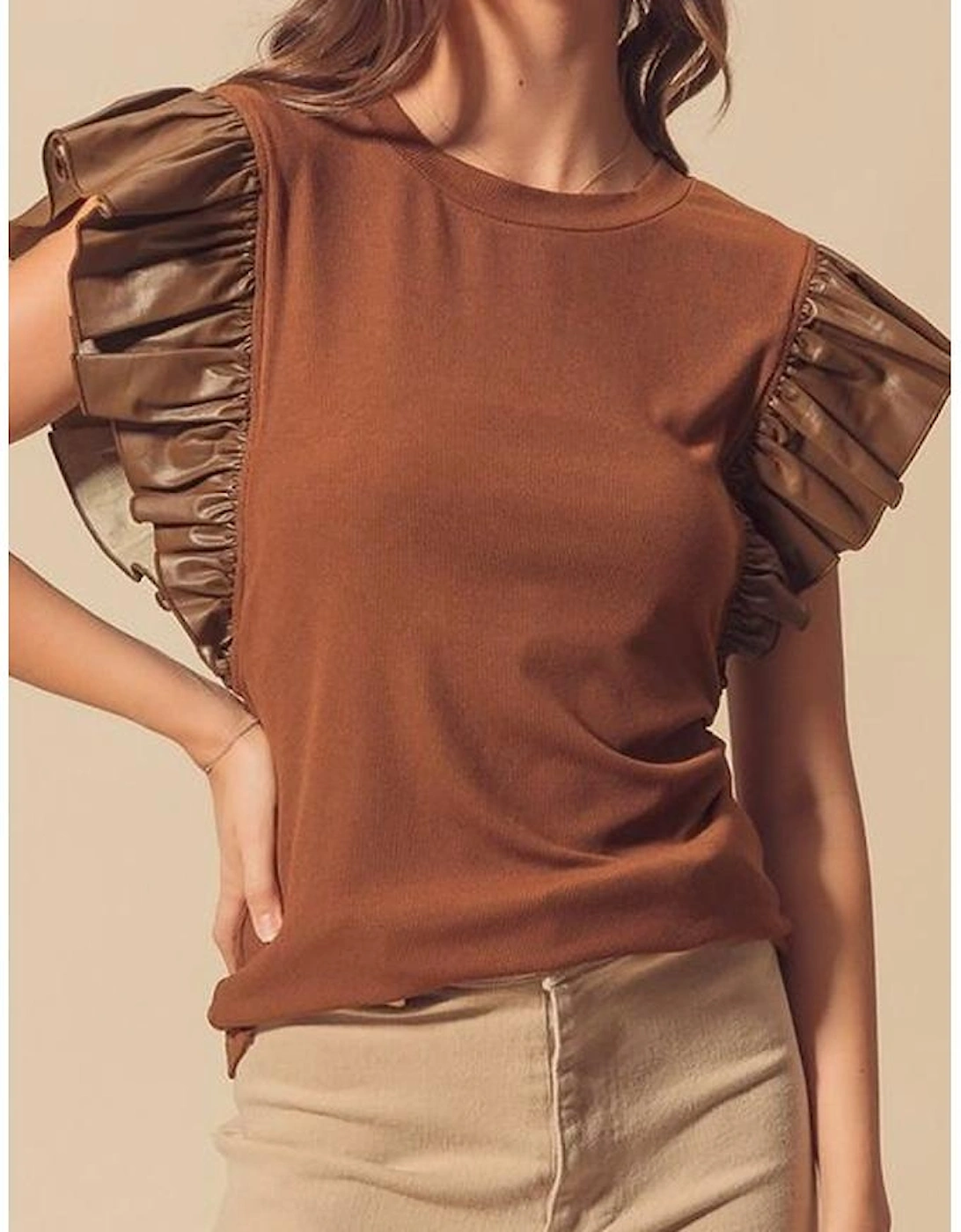 Cinnamon Leather Ruffle Sleeve Patchwork Round Neck Blouse