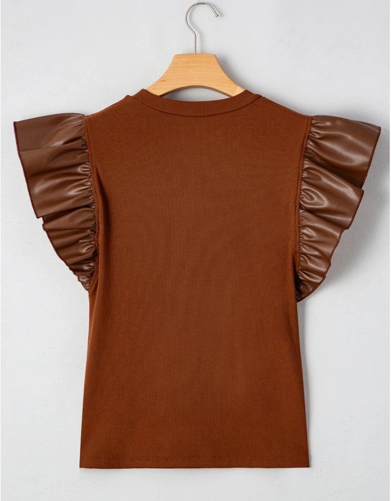 Cinnamon Leather Ruffle Sleeve Patchwork Round Neck Blouse