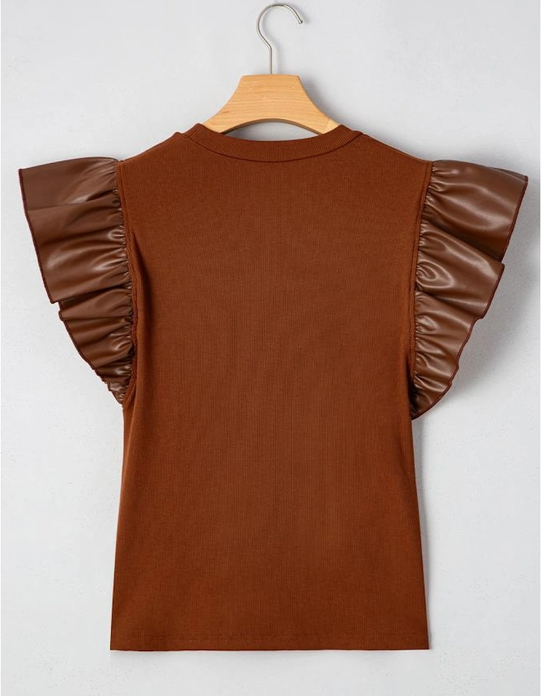 Cinnamon Leather Ruffle Sleeve Patchwork Round Neck Blouse