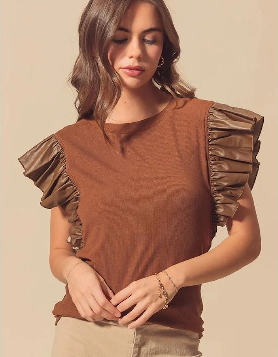 Cinnamon Leather Ruffle Sleeve Patchwork Round Neck Blouse