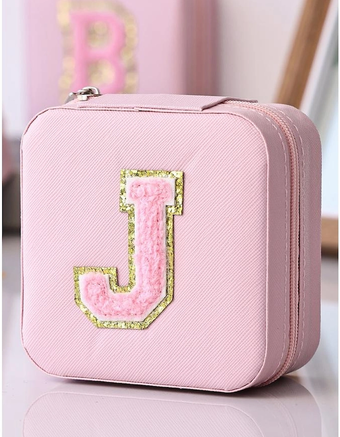 Pink Portable Initial J Jewelry Box