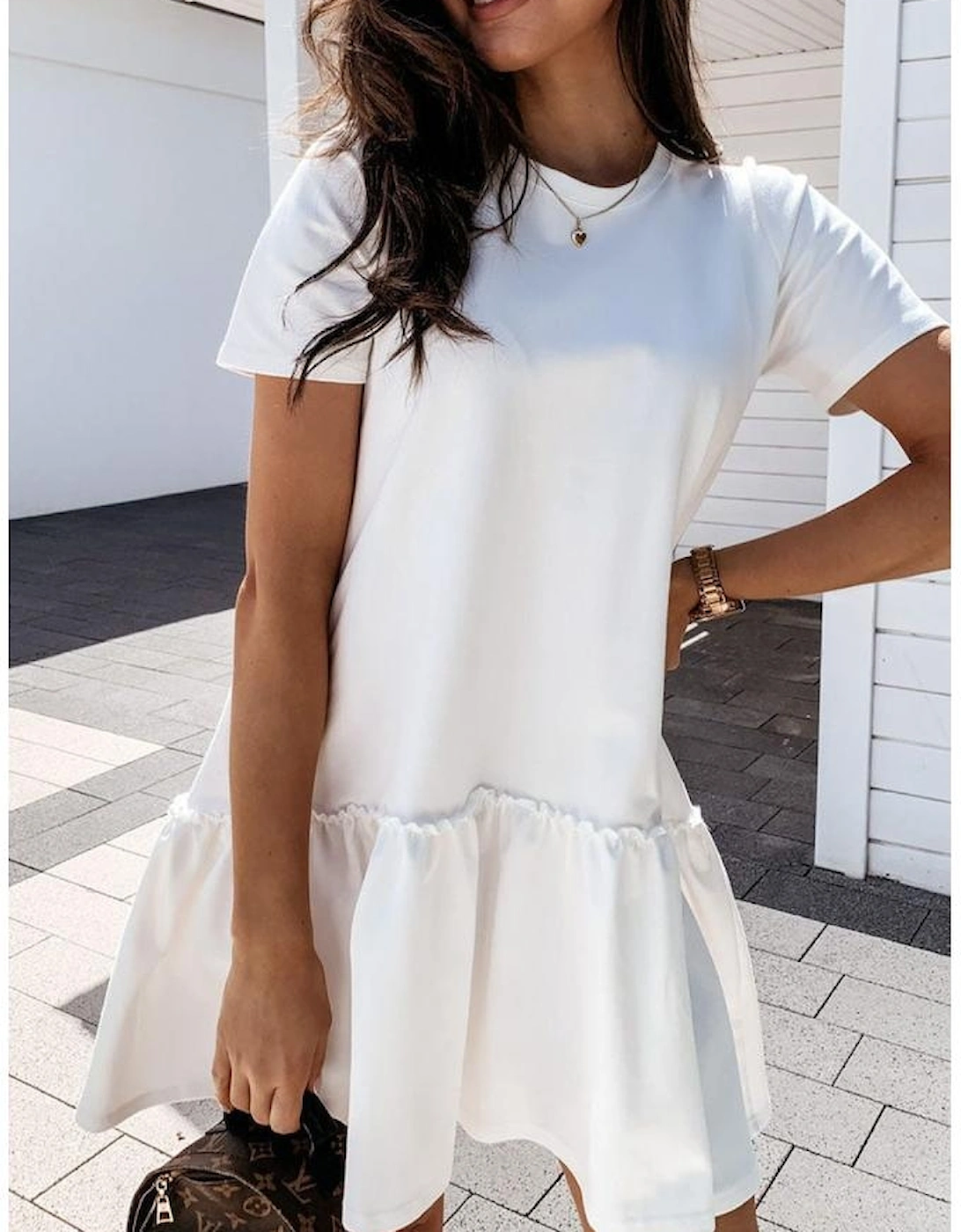 White Frilly Splicing Hem Short Sleeve Casual Dress