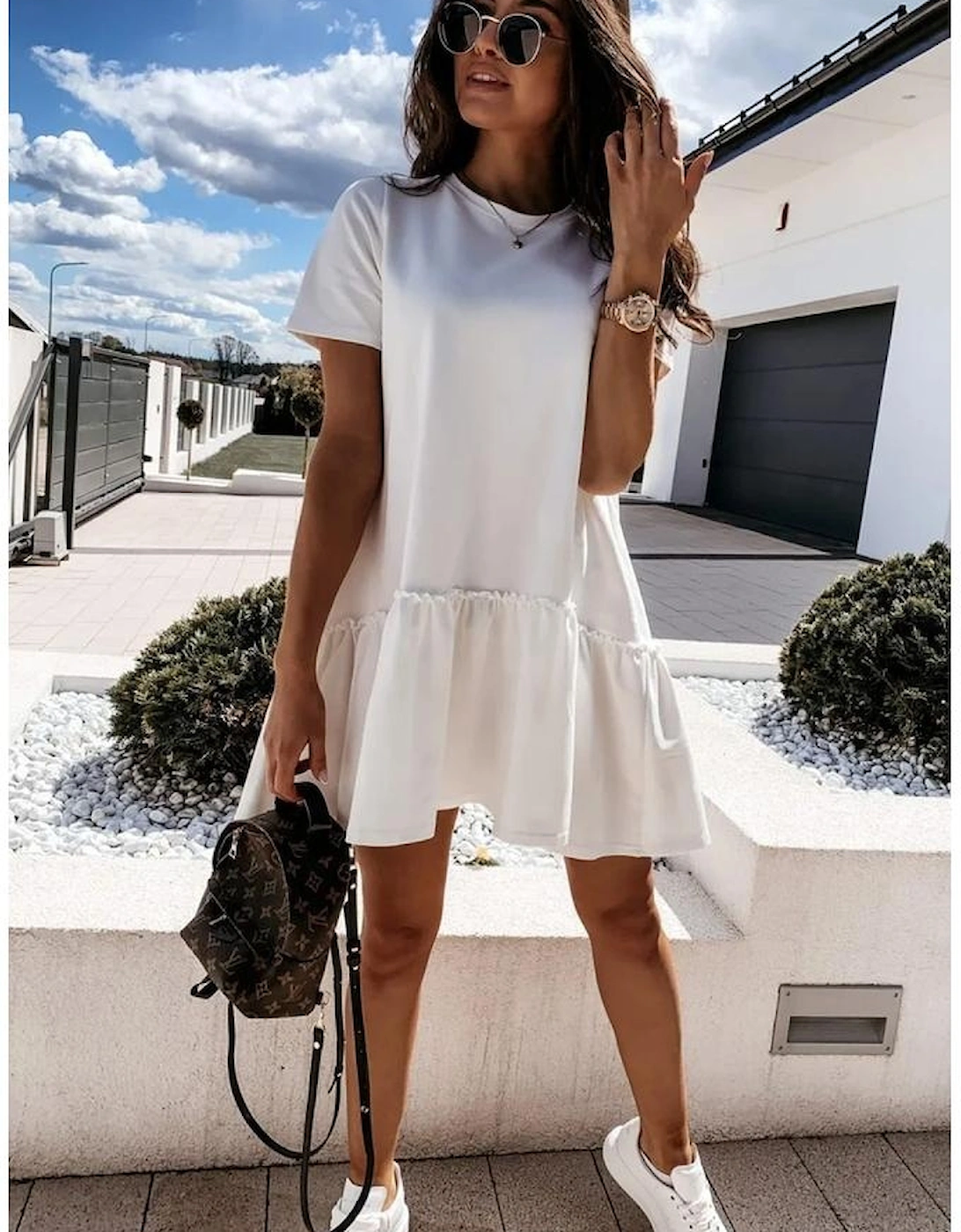 White Frilly Splicing Hem Short Sleeve Casual Dress, 5 of 4
