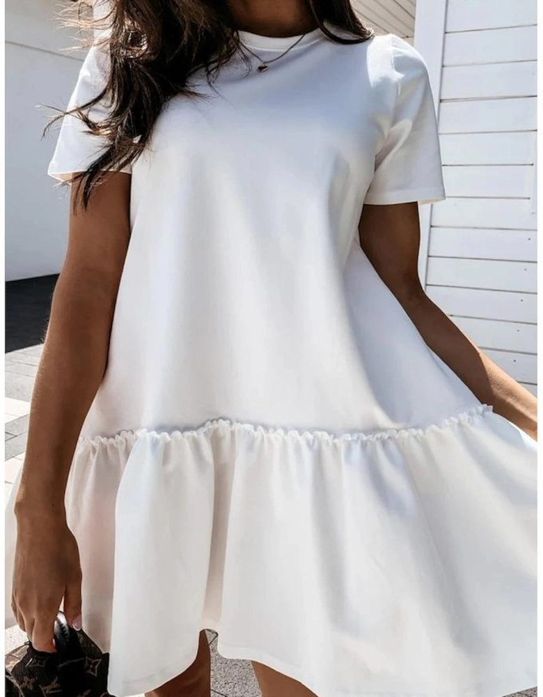 White Frilly Splicing Hem Short Sleeve Casual Dress