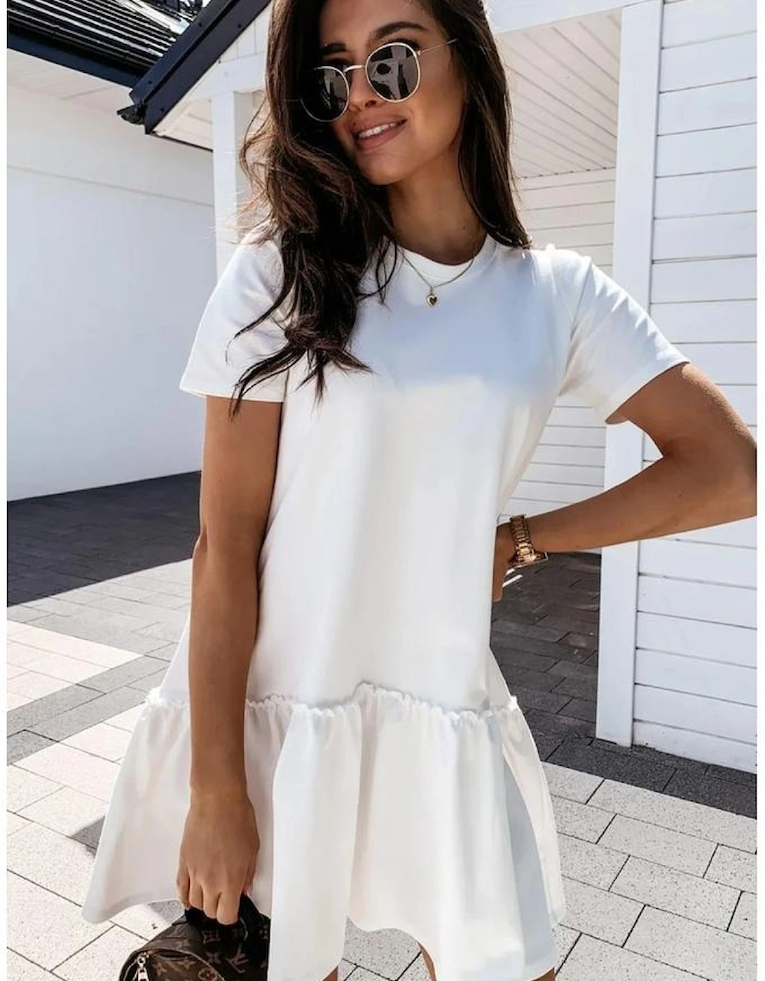 White Frilly Splicing Hem Short Sleeve Casual Dress