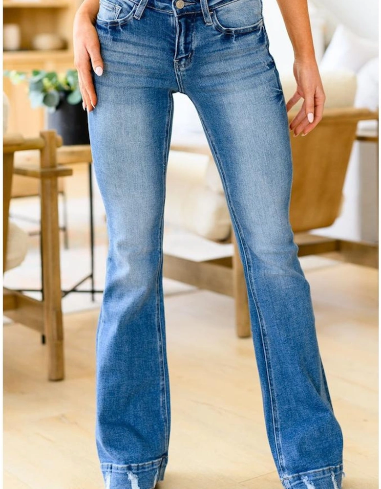 Sky Blue Slight Distressed Medium Wash Flare Jeans