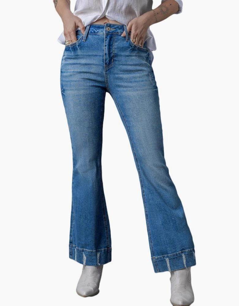 Sky Blue Slight Distressed Medium Wash Flare Jeans