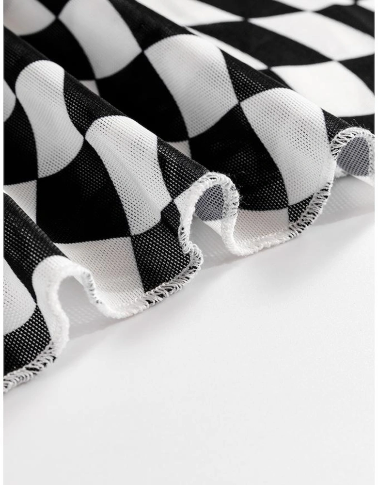 Black Checkered Pattern Mesh Mock Neck Long Sleeve Top