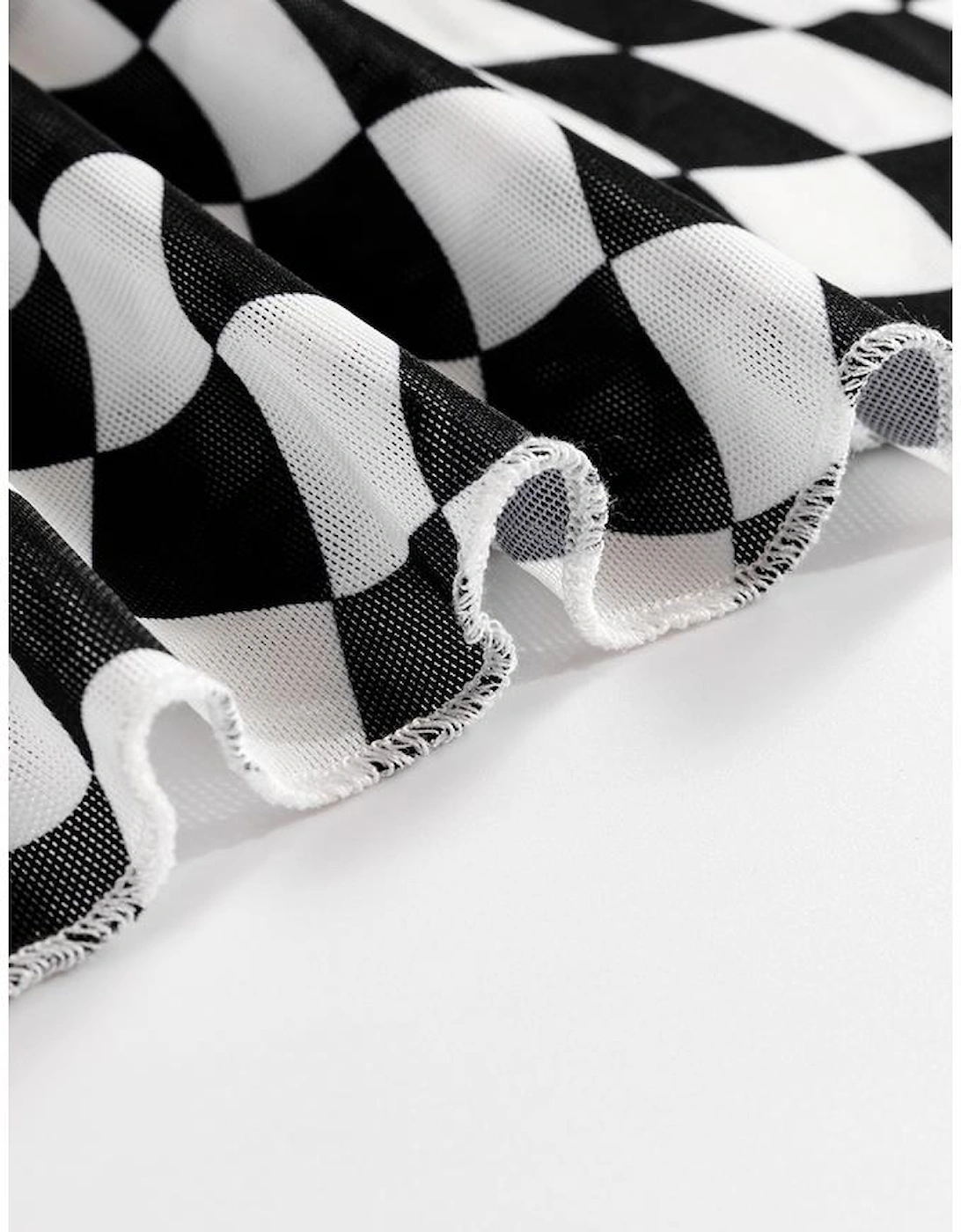 Black Checkered Pattern Mesh Mock Neck Long Sleeve Top