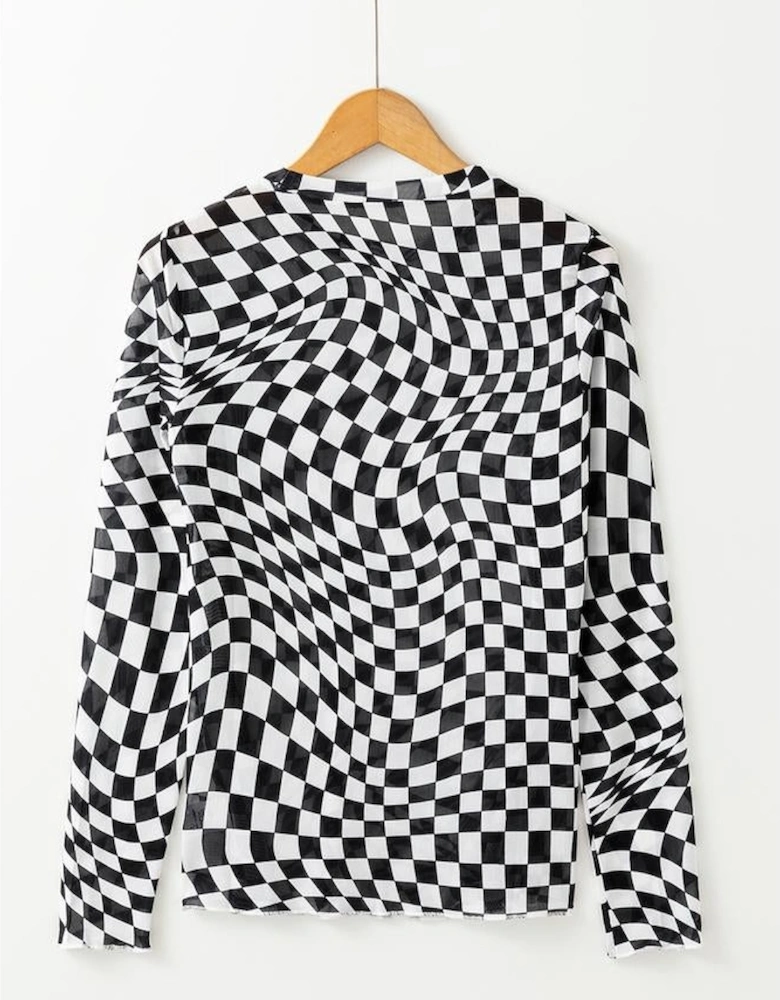 Black Checkered Pattern Mesh Mock Neck Long Sleeve Top