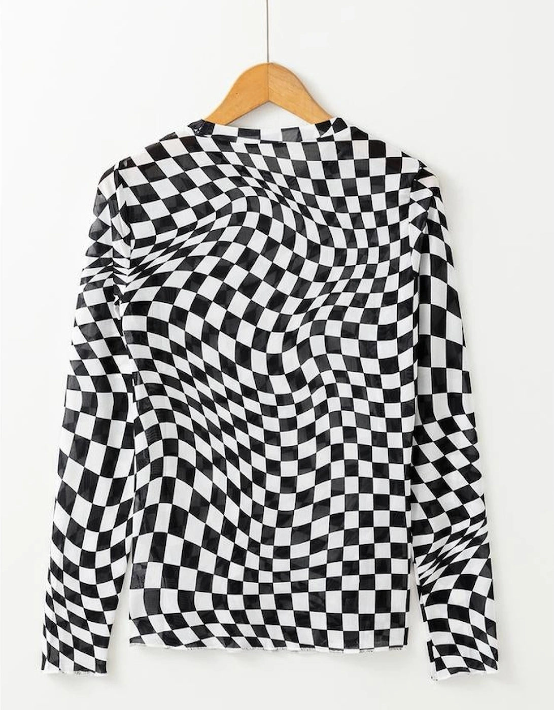 Black Checkered Pattern Mesh Mock Neck Long Sleeve Top