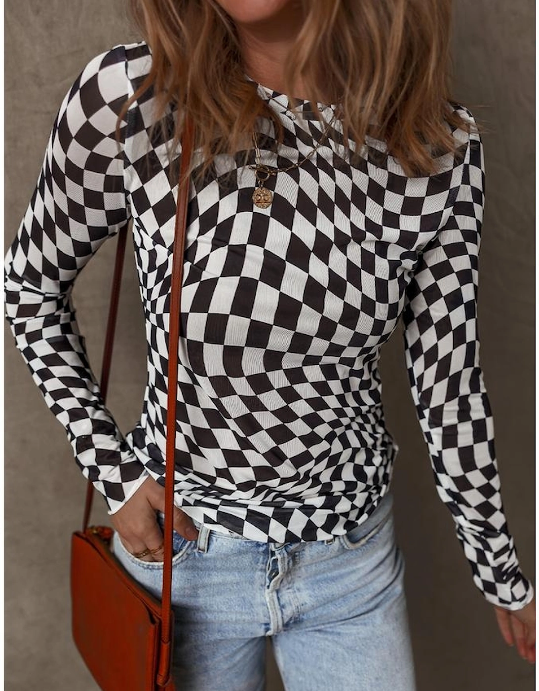 Black Checkered Pattern Mesh Mock Neck Long Sleeve Top