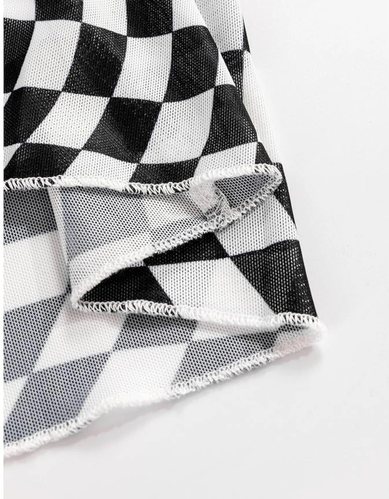 Black Checkered Pattern Mesh Mock Neck Long Sleeve Top