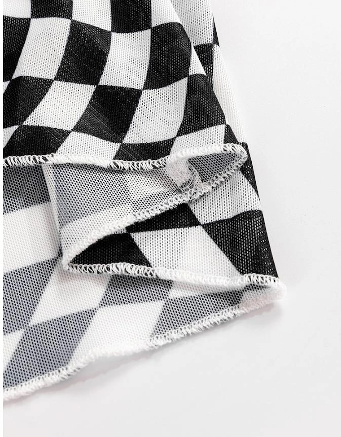 Black Checkered Pattern Mesh Mock Neck Long Sleeve Top