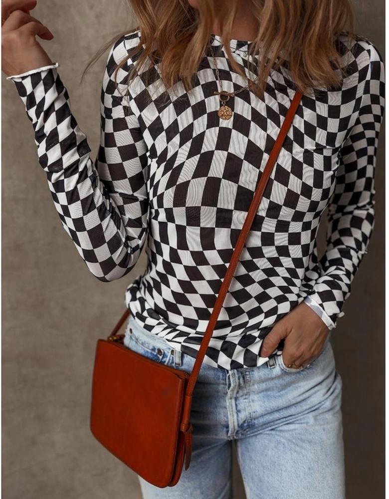 Black Checkered Pattern Mesh Mock Neck Long Sleeve Top